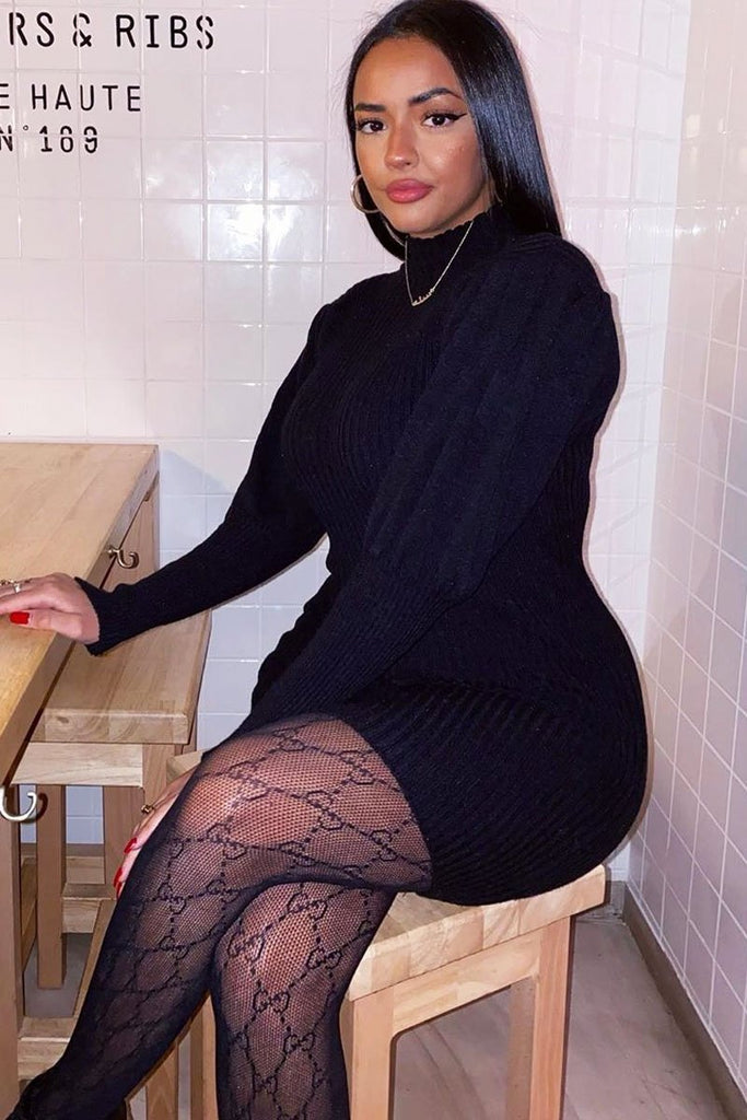 Black High Neck Balloon Sleeve Knitted Dress Rebellious Fashion