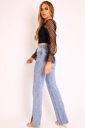 Blue Denim Straight Leg Side Split Jeans - Tashi
