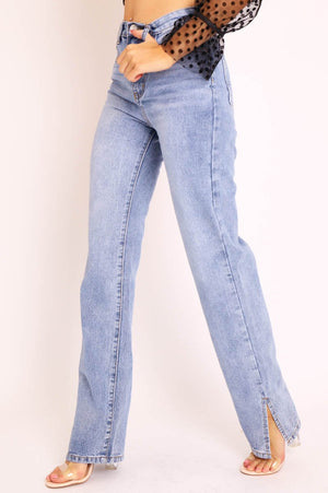Blue Denim Straight Leg Side Split Jeans - Tashi