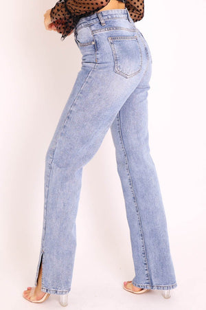 Blue Denim Straight Leg Side Split Jeans - Tashi