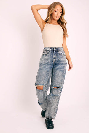 Dark Blue Acid Wash Distressed Mom Jeans - Becca