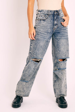 Dark Blue Acid Wash Distressed Mom Jeans - Becca