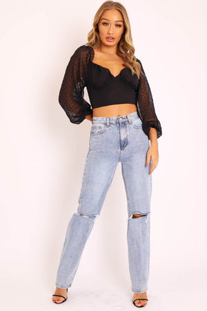 Mid Wash Denim Distressed Knee Extra Long Jeans - Ivelisse
