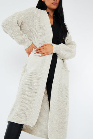 Beige Longline Relaxed Fit Front Pockets Cardigan - Leah