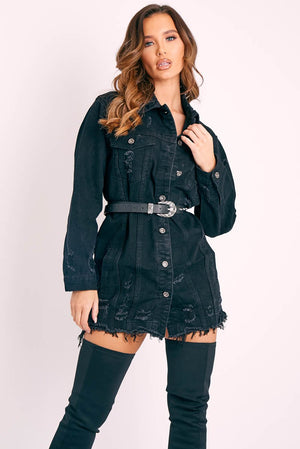 Black Washed Distressed Denim Shirt Dress - Chloey
