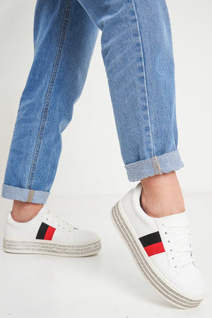 White Side Stripe Trainers with Diamante Platform Sole - Latia