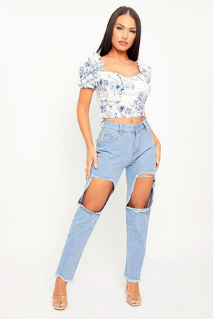 Light Blue Thigh Rip Frayed Hem Mom Jeans - Frayah