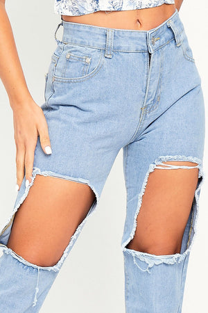 Light Blue Thigh Rip Frayed Hem Mom Jeans - Frayah