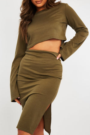 Khaki Rib Batwing Crop Top Skirt Co-ord - Eyla
