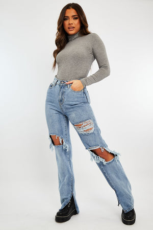 Light Blue Extreme Rip Inside Leg Split Straight Jeans - Rosina
