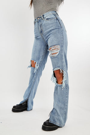 Light Blue Extreme Rip Inside Leg Split Straight Jeans - Rosina
