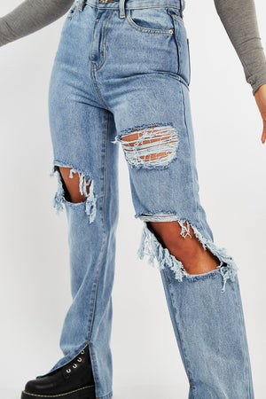 Light Blue Extreme Rip Inside Leg Split Straight Jeans - Rosina