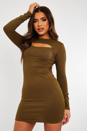 Khaki Ribbed Cut Out Mini Dress - Ayana