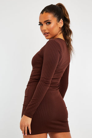 Brown Ribbed Cut Out Mini Dress - Ayana