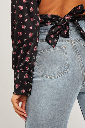 Black Floral Satin Cut Out Backless Crop Top - Cary