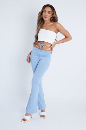 Light Blue Ruched Waist Flare Trousers - Avanni