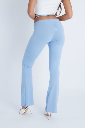 Light Blue Ruched Waist Flare Trousers - Avanni