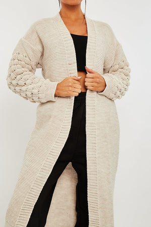 Beige Waffle Sleeve Maxi Cardigan - Davaya