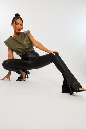 Black Side Split Flared Skinny PU Trouser - Zylah