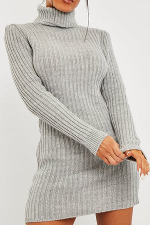 Grey Roll Neck Knit Mini Dress - Franceska