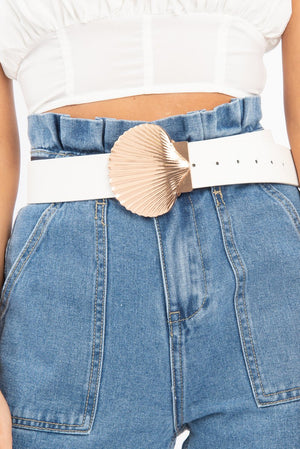 White Faux Leather Shell Buckle Belt - Cairo