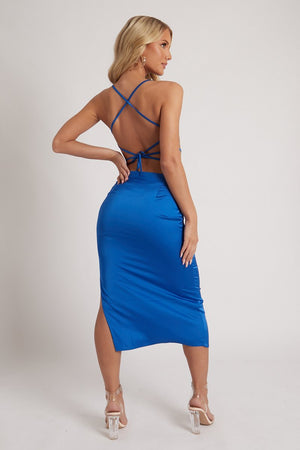 Dark Blue Satin Cowl Neck Midi Bodycon Dress - Liliana