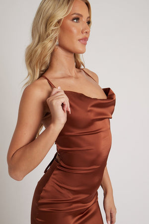Brown Satin Cowl Neck Midi Bodycon Dress - Liliana