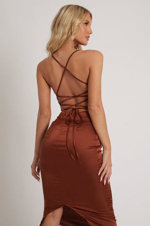 Brown Satin Cowl Neck Midi Bodycon Dress - Liliana