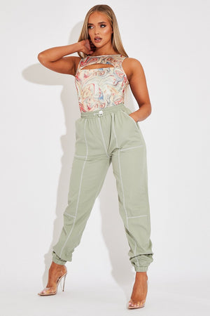Sage Contrast Stitch Cargo Trousers - Britanny