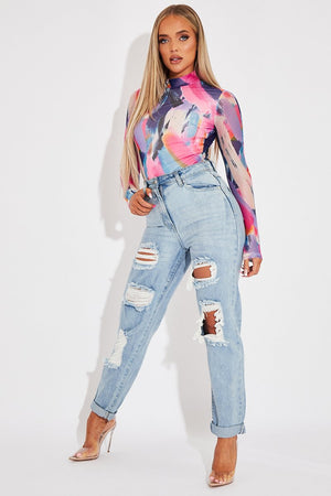 Blue Extremely Ripped Denim Mom Jeans - Ellynor
