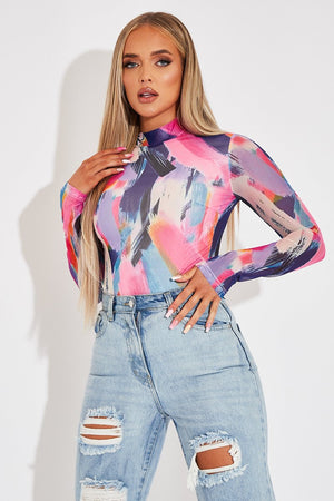 Mutli Abstract Print High Neck Bodysuit - Verity