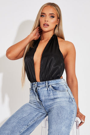 Black Satin Plunge Halter Bodysuit - Aleesia