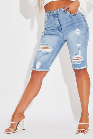 Mid Blue Distressed Longline Denim Shorts - Dakotah