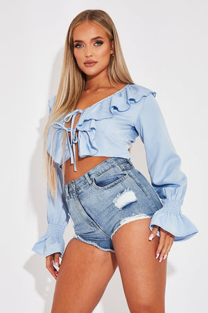 Mid Blue Distressed Mini Denim Short - Hallee