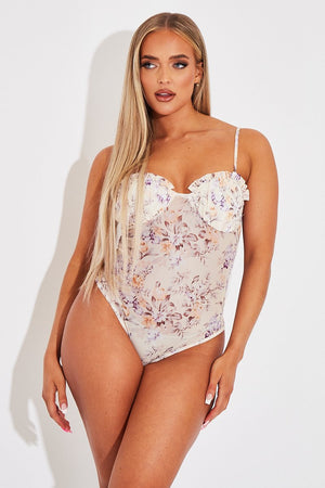 Cream Floral Corset Detail Bodysuit - Clarah