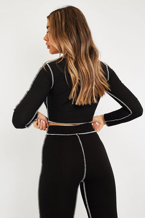 Black White Contrast Stitch Ribbed Crop Top - Candice