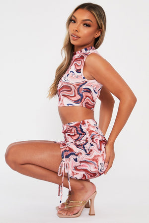 Brown Marble Print Crop Top & Side Ruched Skirt Set - Cole