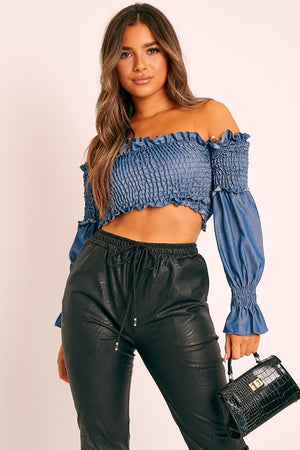 Denim Shirred Wrap Over Bardot Crop Top - Zuri