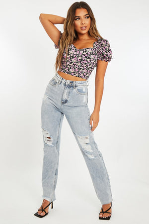 Blue Bleach Washed Distressed Straight Leg Jeans - Holly