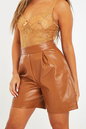 Camel Faux Leather Tailored Longline Short - Gloria