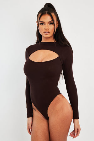 Brown Ribbed Cut Out Detail Bodysuit - Murphie