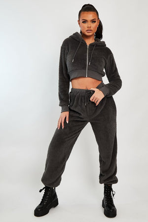 Grey Cropped Teddy Zip Up Hoodie - Cheryl