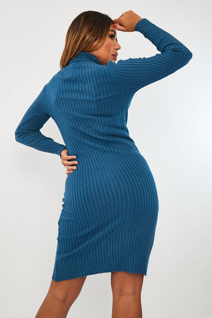 Teal Blue Ribbed Roll Neck Midi Dress - Ema