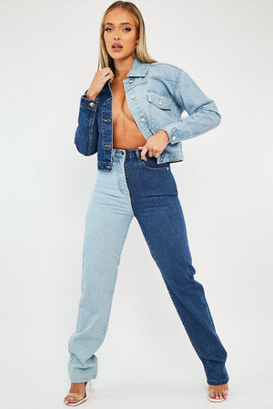 Blue Splice Two Tone Straight Jeans - Aaisha