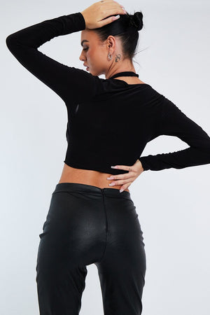 Black Halter Neck Cut Out Crop Top - Sno