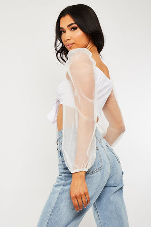White Bow Front Organza Sleeve Crop Top - Eddie