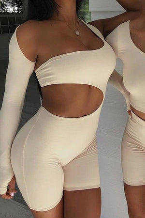 Beige Cut Out One Sleeve Playsuit - River-Playsuits