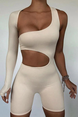 Beige Cut Out One Sleeve Playsuit - River-Playsuits