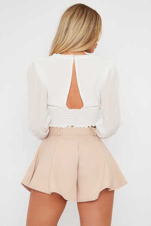 Beige Flowy High Waisted Shorts - Ayna-Shorts