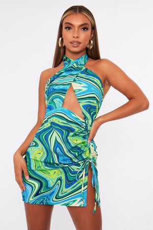 Blue Marble Halter Neck Cut Out Ruched Mini Dress - Oliviyah-Dresses